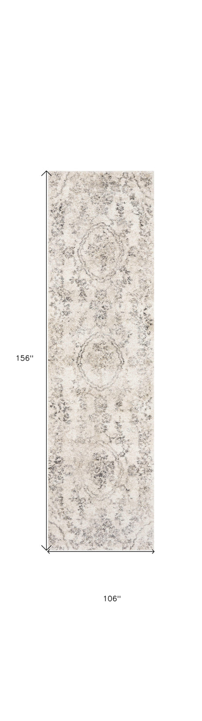 9' X 13' Grey Machine Woven Distressed Floral Traditional Indoor Area Rug