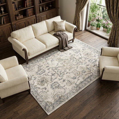 8' X 10' Ivory And Gray Floral Medallion Area Rug