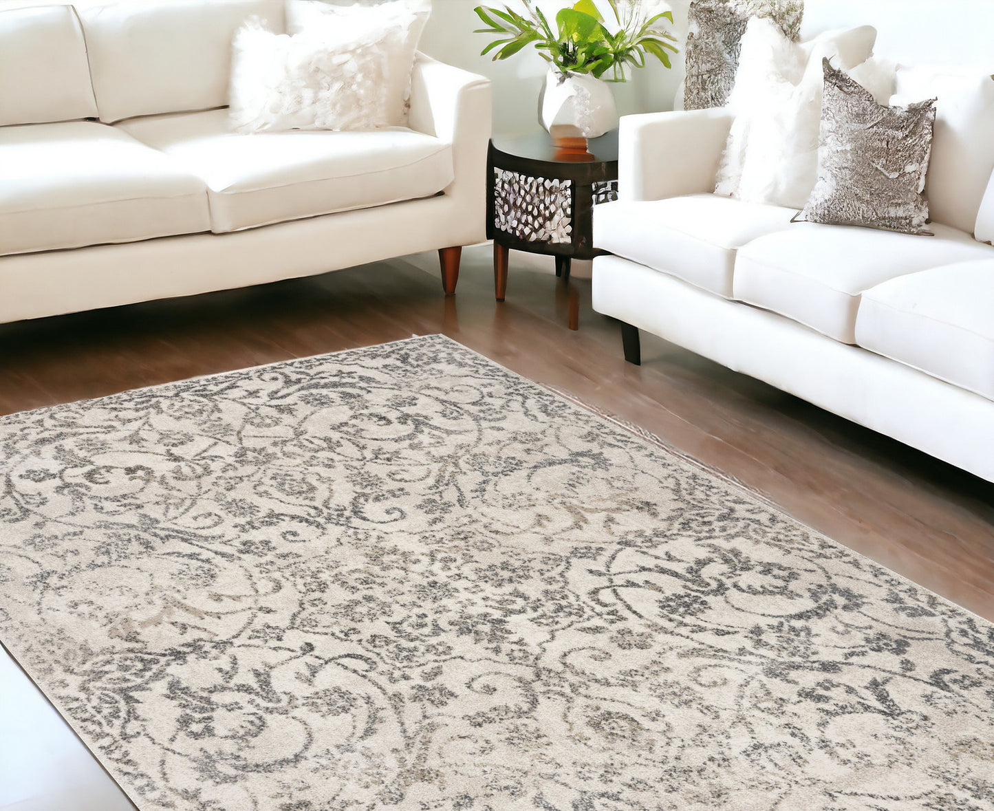 8' X 10' Ivory and Gray Floral Vines Distressed Area Rug