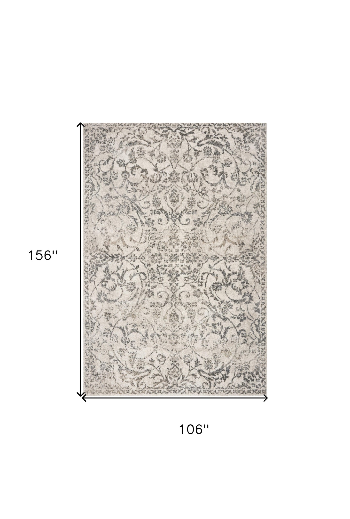 8' X 10' Ivory and Gray Floral Vines Distressed Area Rug