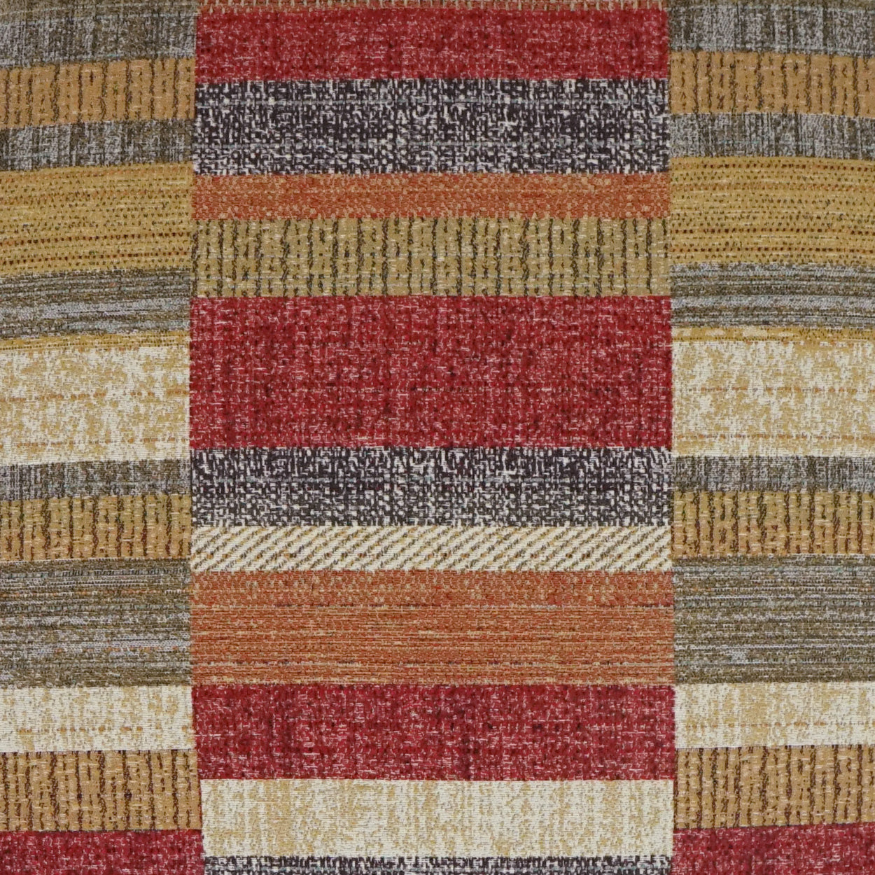 Colorful striped woven rug with red, mustard, brown, gray & cream bands; textured floor textile.