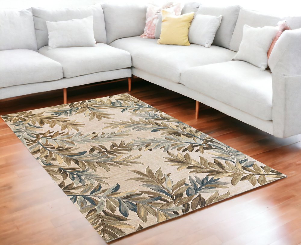 9' X 12' Ivory Brown And Blue Wool Botanical Leaves Hand Tufted Area Rug