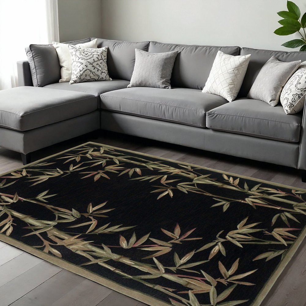 10' Black Green And Brown Wool Tropical Botanical Hand Tufted Runner Rug
