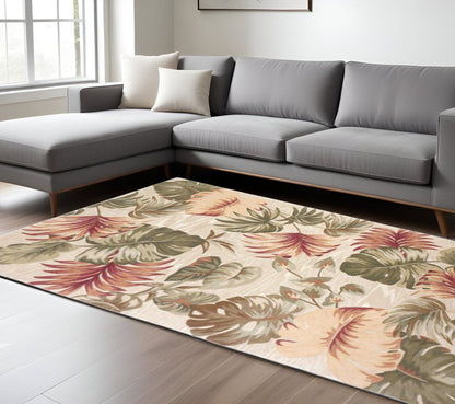 10' Beige Green And Pink Wool Botanical Leaves Hand Tufted Runner Rug