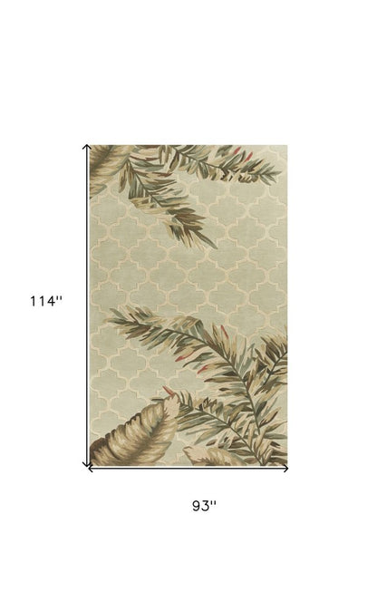 8' X 10' Sage Taupe And Green Wool Tropical Botanical Hand Tufted Area Rug