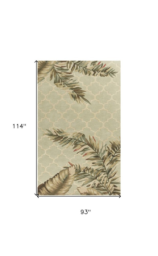 8' X 10' Sage Taupe And Green Wool Tropical Botanical Hand Tufted Area Rug