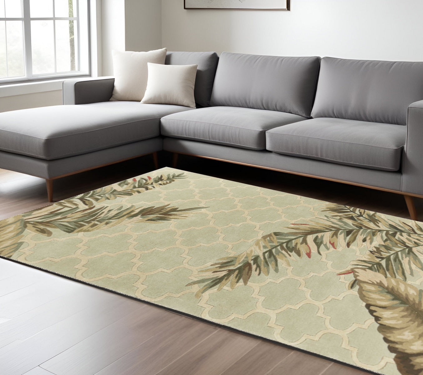 8' X 10' Sage Taupe And Green Wool Tropical Botanical Hand Tufted Area Rug