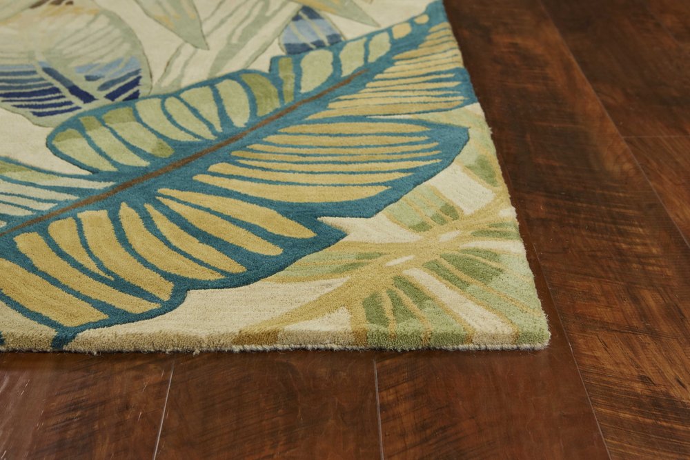8' X 10' Ivory Teal And Green Wool Tropical Botanical Hand Tufted Area Rug