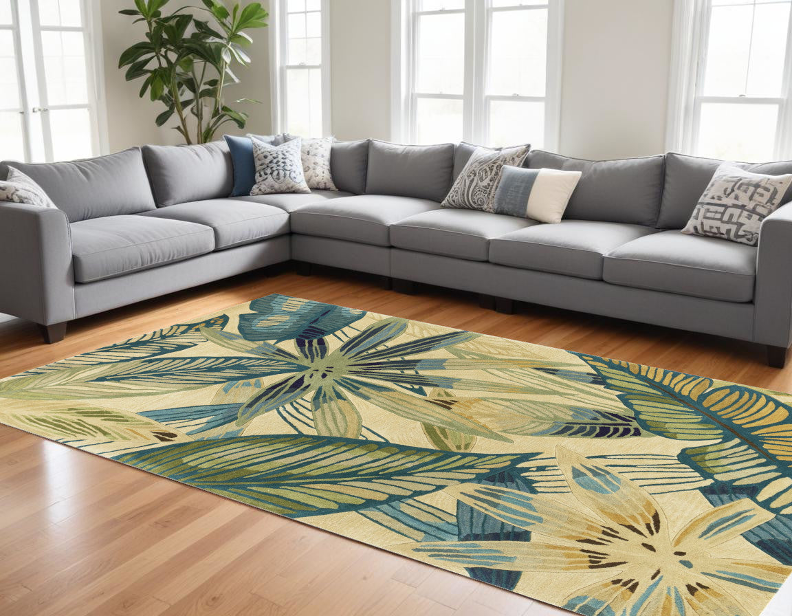 8' X 10' Ivory Teal Hand Tufted Tropical Leaves Indoor Area Rug