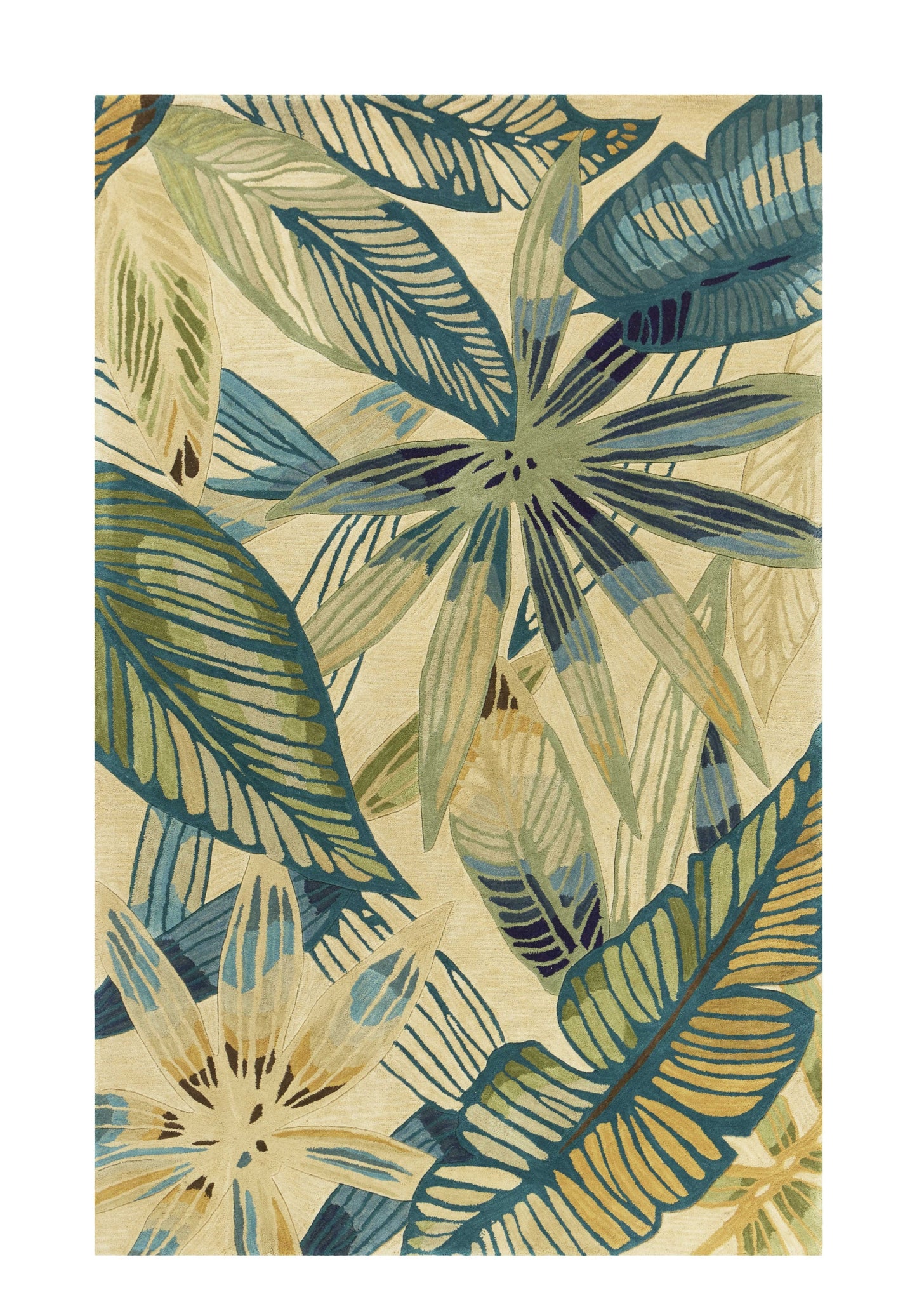 8' X 10' Ivory Teal Hand Tufted Tropical Leaves Indoor Area Rug