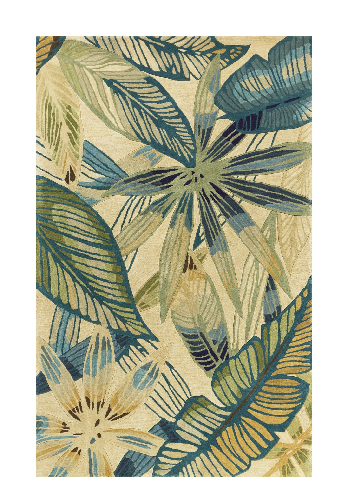 8' X 10' Ivory Teal And Green Wool Tropical Botanical Hand Tufted Area Rug