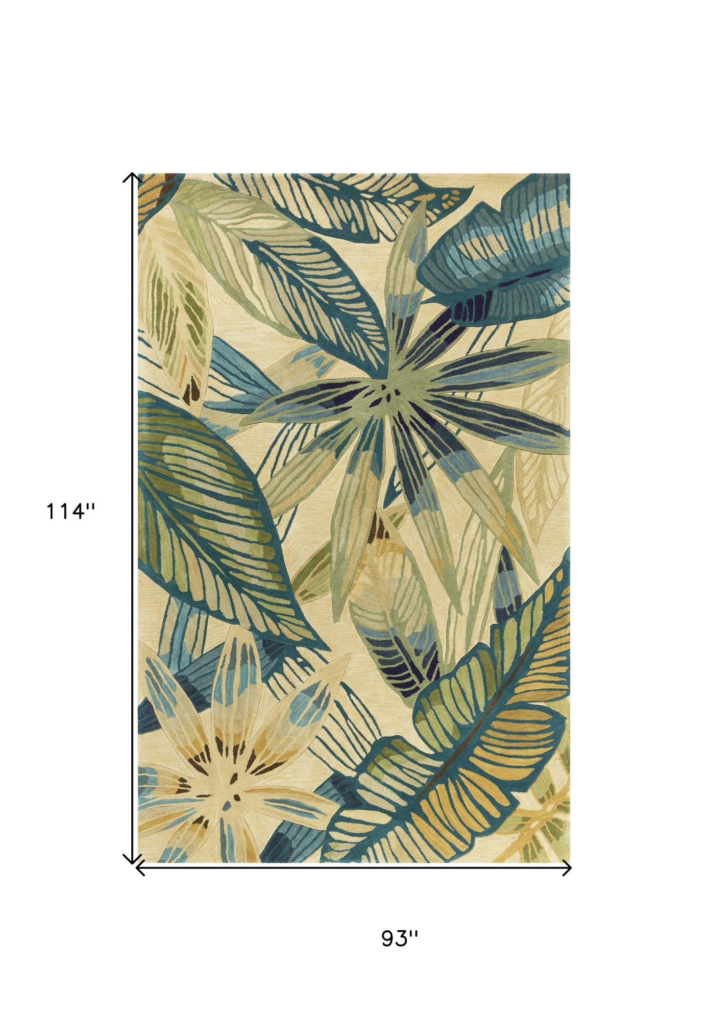 8' X 10' Ivory Teal Hand Tufted Tropical Leaves Indoor Area Rug