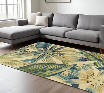 8' X 10' Ivory Teal And Green Wool Tropical Botanical Hand Tufted Area Rug