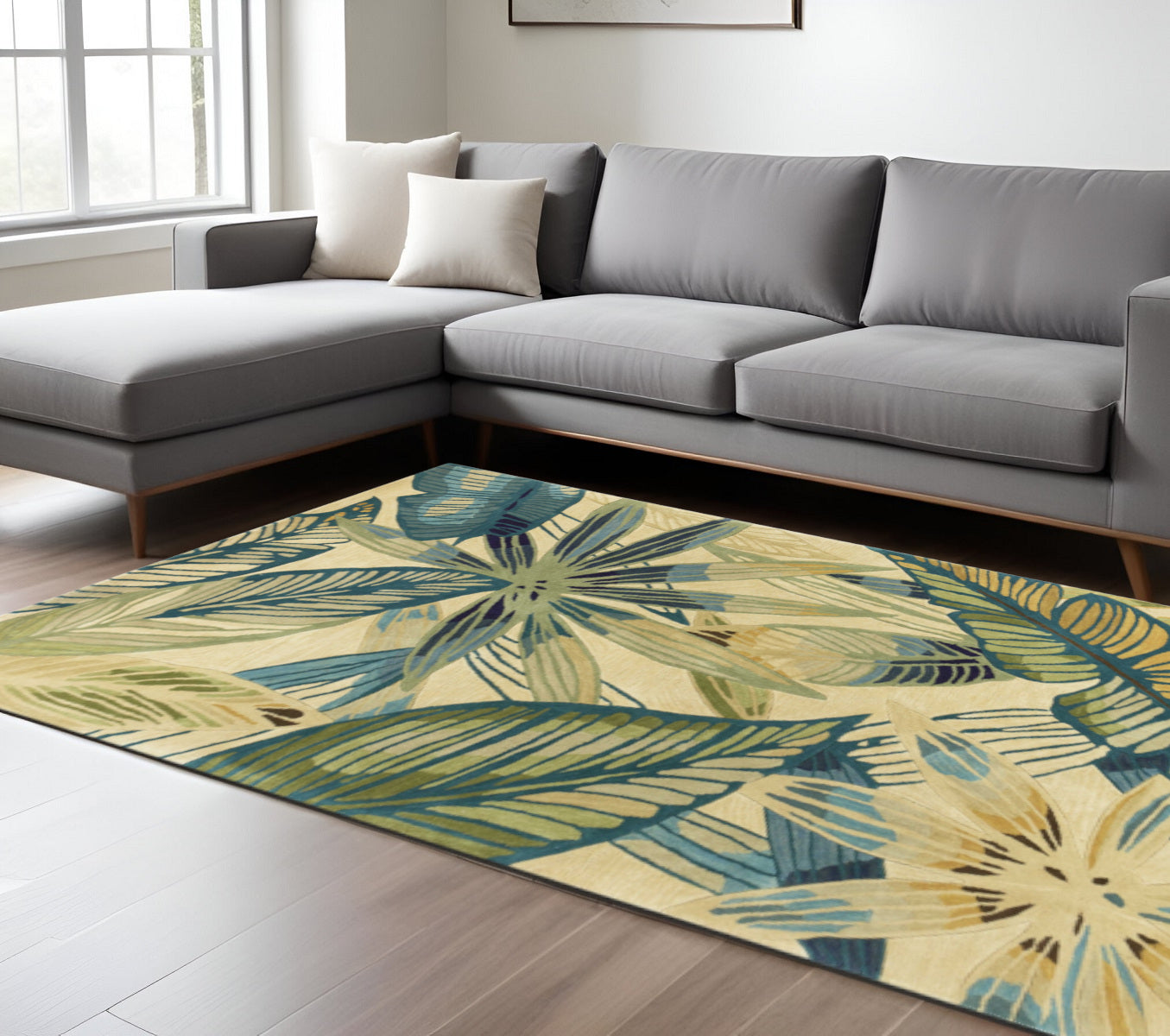 8' X 10' Ivory Teal And Green Wool Tropical Botanical Hand Tufted Area Rug
