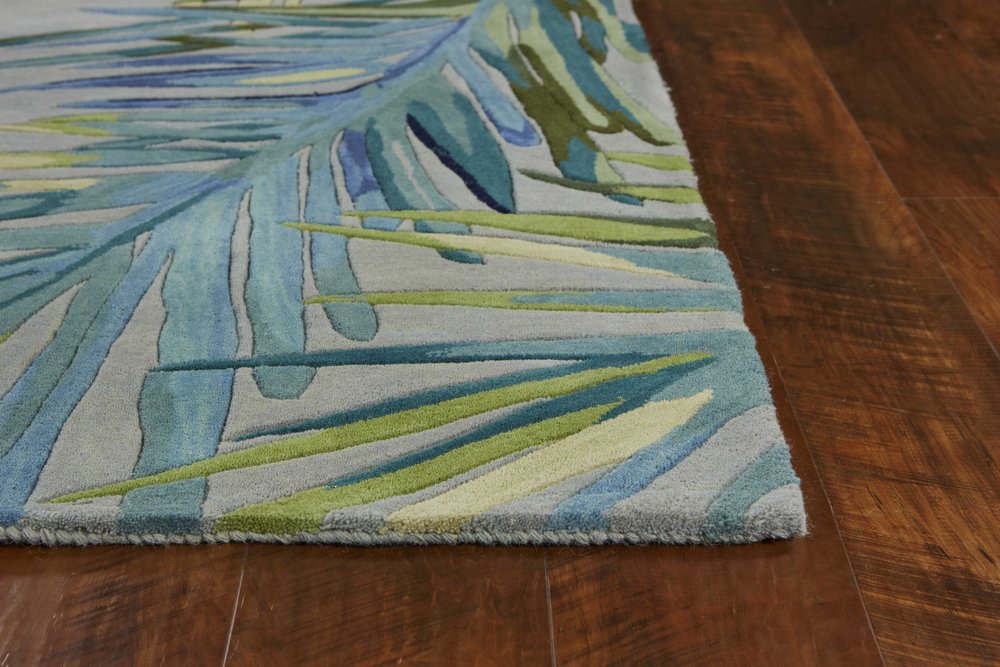 10' Gray And Blue Wool Tropical Botanical Hand Tufted Runner Rug