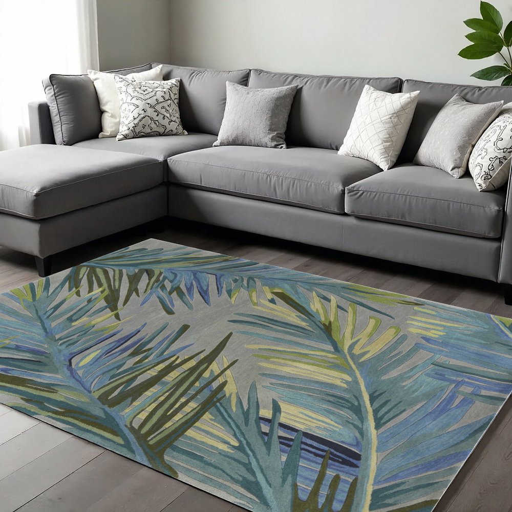 10' Gray And Blue Wool Tropical Botanical Hand Tufted Runner Rug
