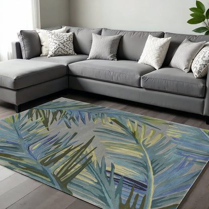 10' Gray And Blue Wool Tropical Botanical Hand Tufted Runner Rug