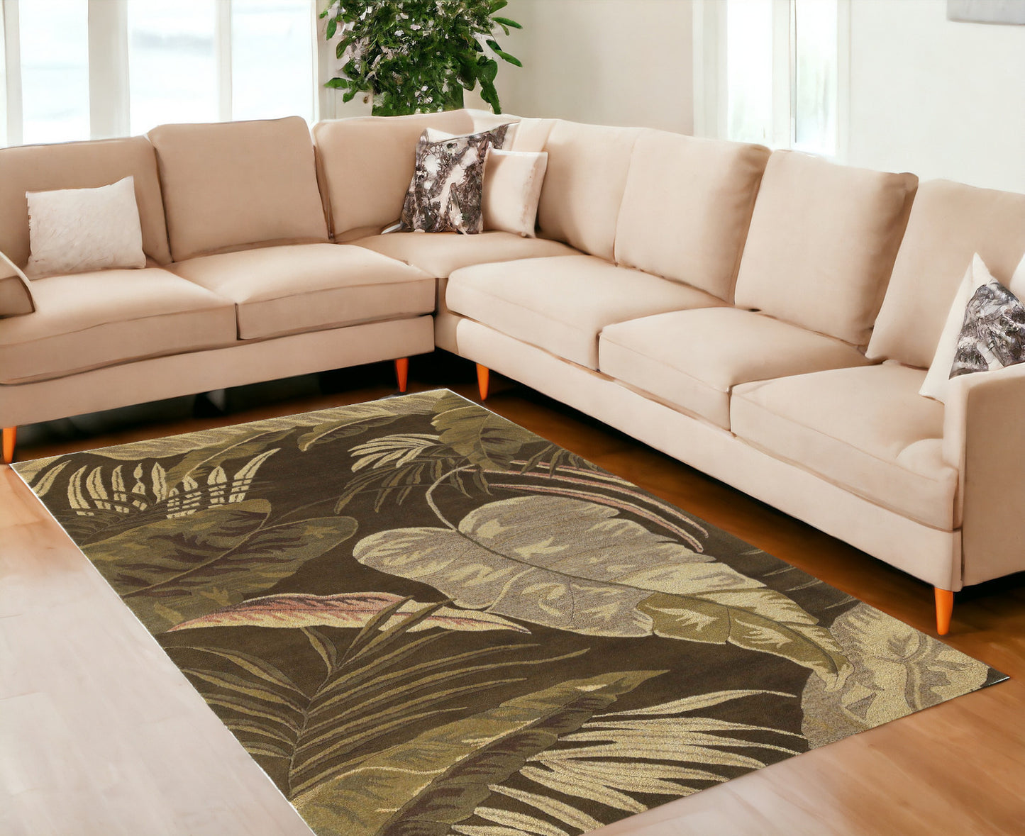 3' X 4' Mocha Brown Hand Tufted Tropical Leaves Indoor Area Rug