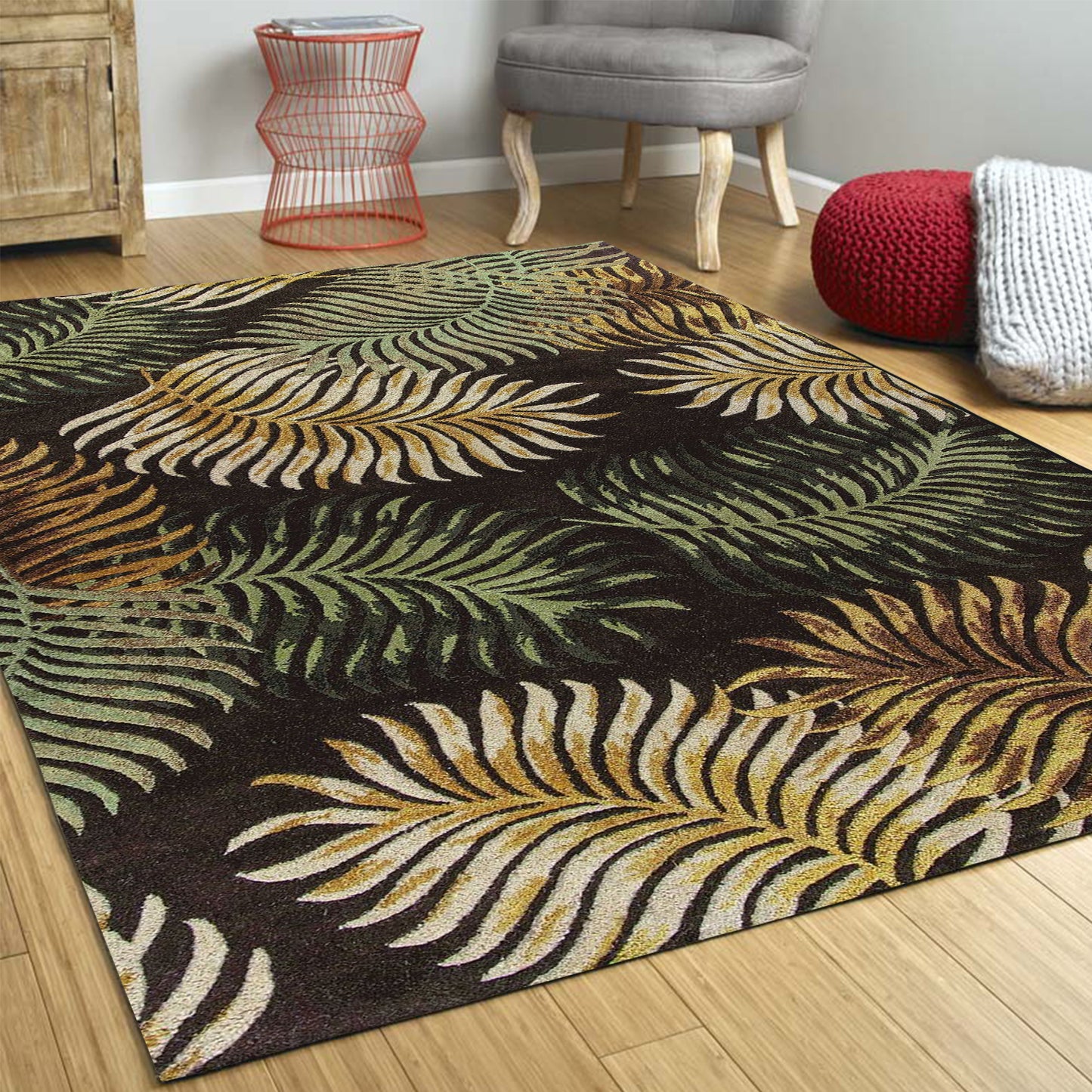 3' X 5' Espresso Fern Leaves Wool Area Rug