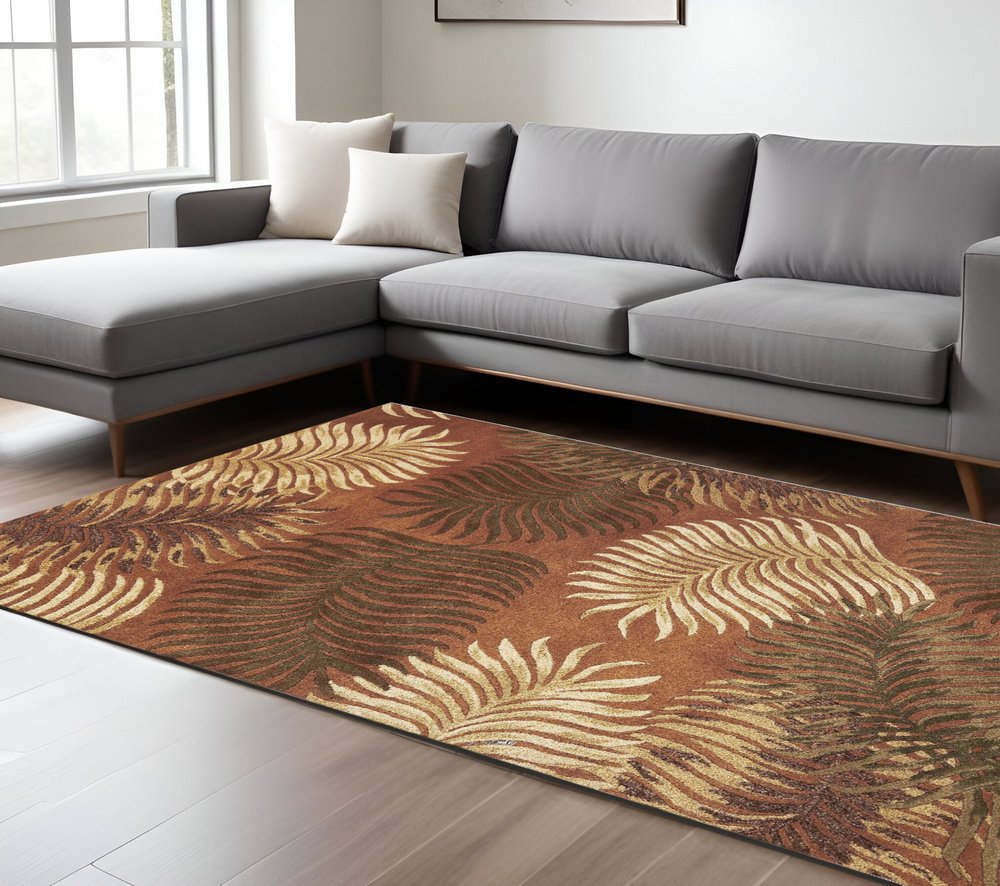 5' X 8' Rust Orange And Green Wool Botanical Leaves Hand Tufted Area Rug