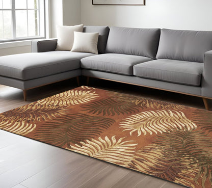 5' X 8' Rust Orange And Green Wool Botanical Leaves Hand Tufted Area Rug