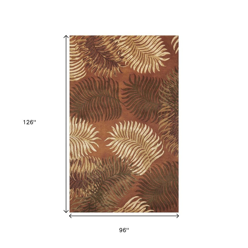 5' X 8' Rust Orange And Green Wool Botanical Leaves Hand Tufted Area Rug