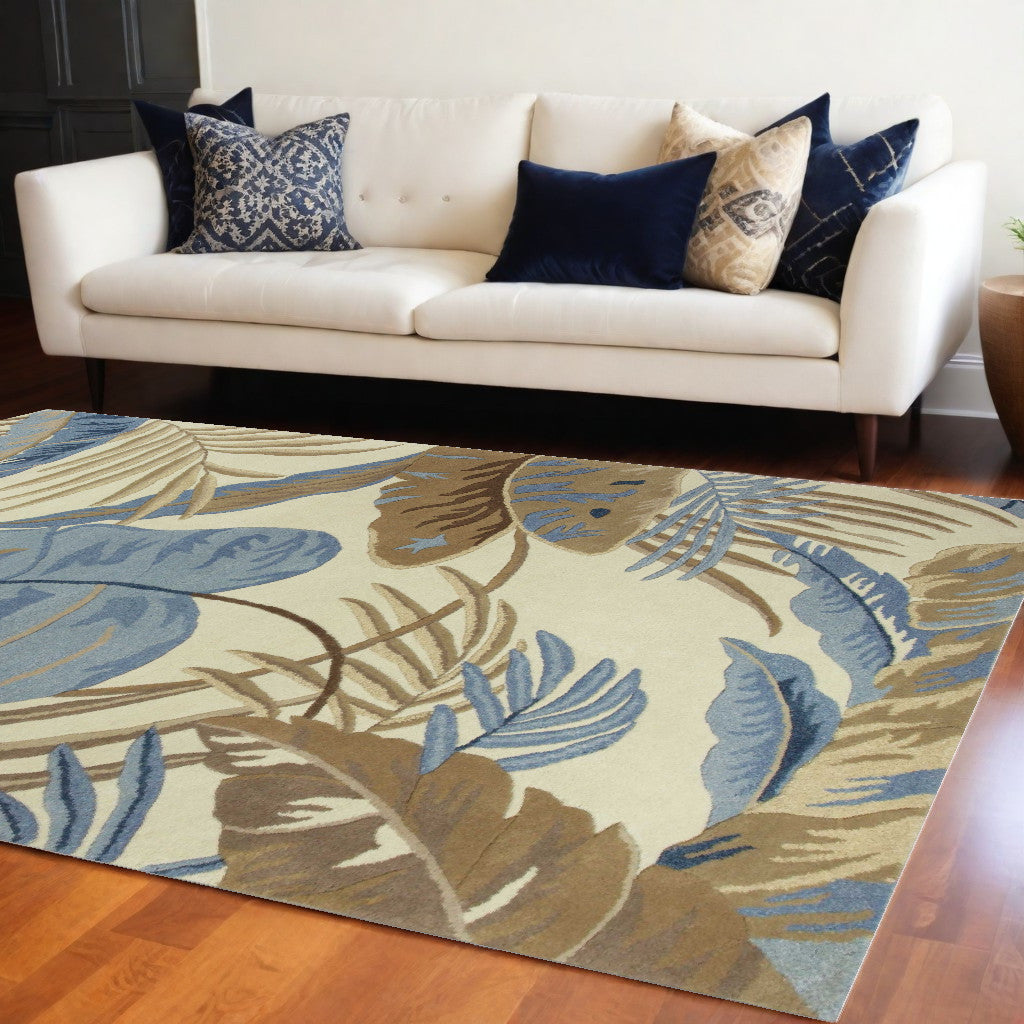 5' X 8' Ivory and Blue Wool Tropical Botanical Hand Tufted Area Rug