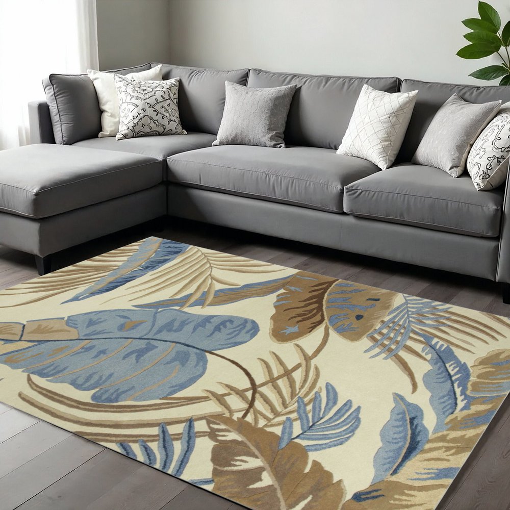 5' X 8' Ivory Blue And Brown Wool Tropical Botanical Hand Tufted Area Rug
