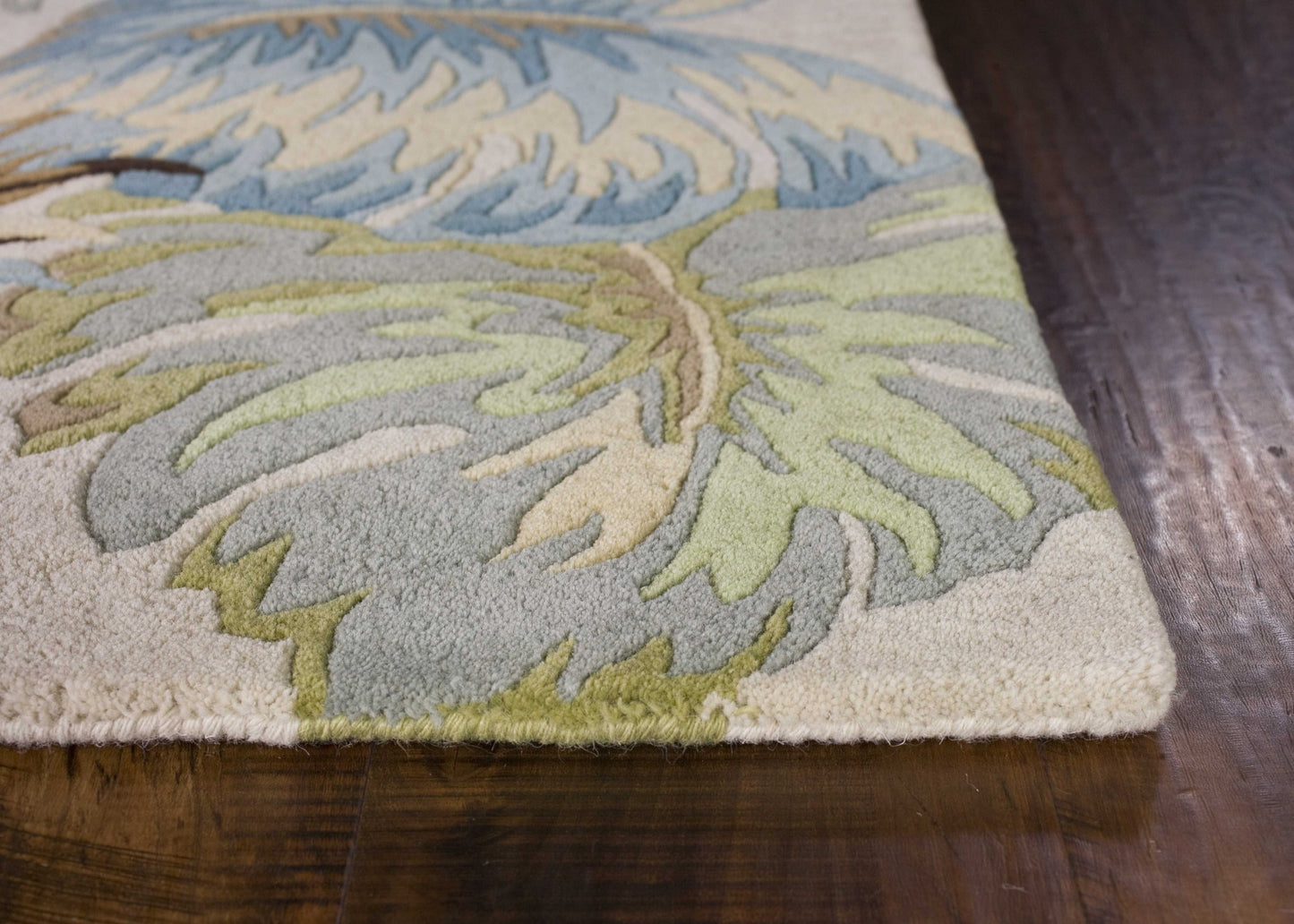 8' Ivory Blue Hand Tufted Tropical Leaves Indoor Runner Rug