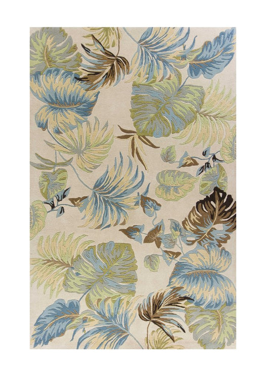 5' X 8' Ivory And Blue Wool Botanical Leaves Hand Tufted Area Rug