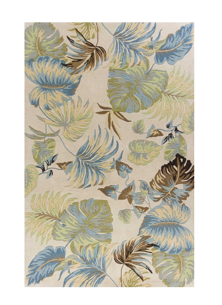 5' X 8' Ivory And Blue Wool Botanical Leaves Hand Tufted Area Rug