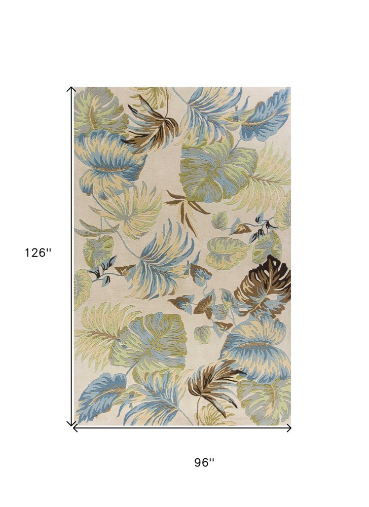 5' X 8' Ivory And Blue Wool Botanical Leaves Hand Tufted Area Rug