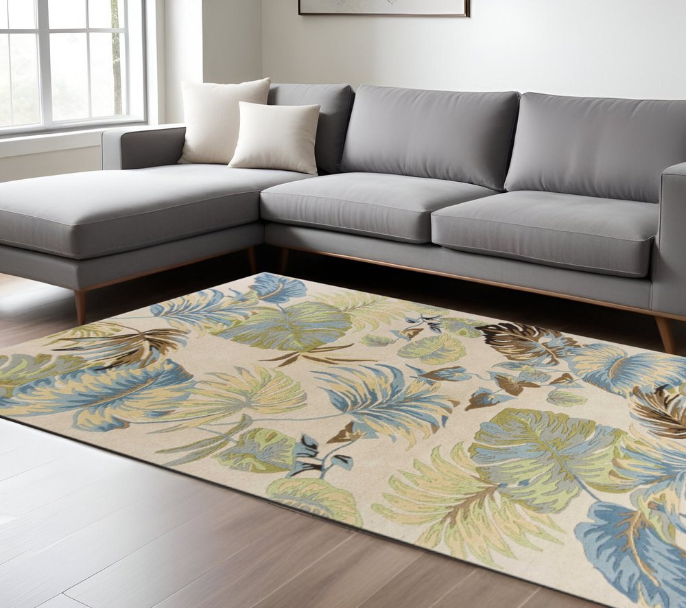 5' X 8' Ivory And Blue Wool Botanical Leaves Hand Tufted Area Rug