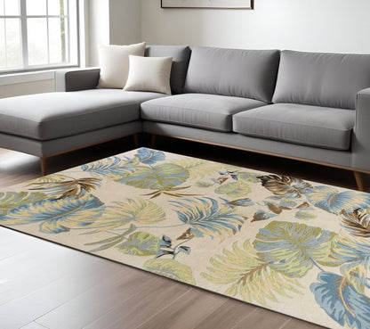 5' X 8' Ivory And Blue Wool Botanical Leaves Hand Tufted Area Rug