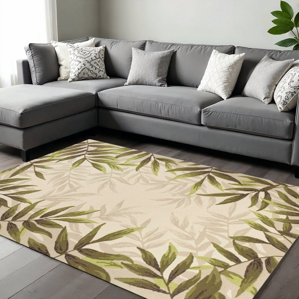 5' X 8' Ivory And Green Wool Botanical Leaves Hand Tufted Area Rug
