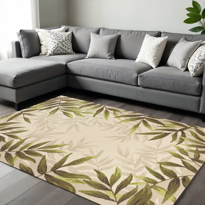 5' X 8' Ivory And Green Wool Botanical Leaves Hand Tufted Area Rug