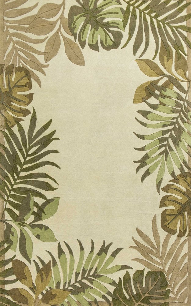 8' X 11' Ivory And Green Wool Botanical Leaves Hand Tufted Area Rug
