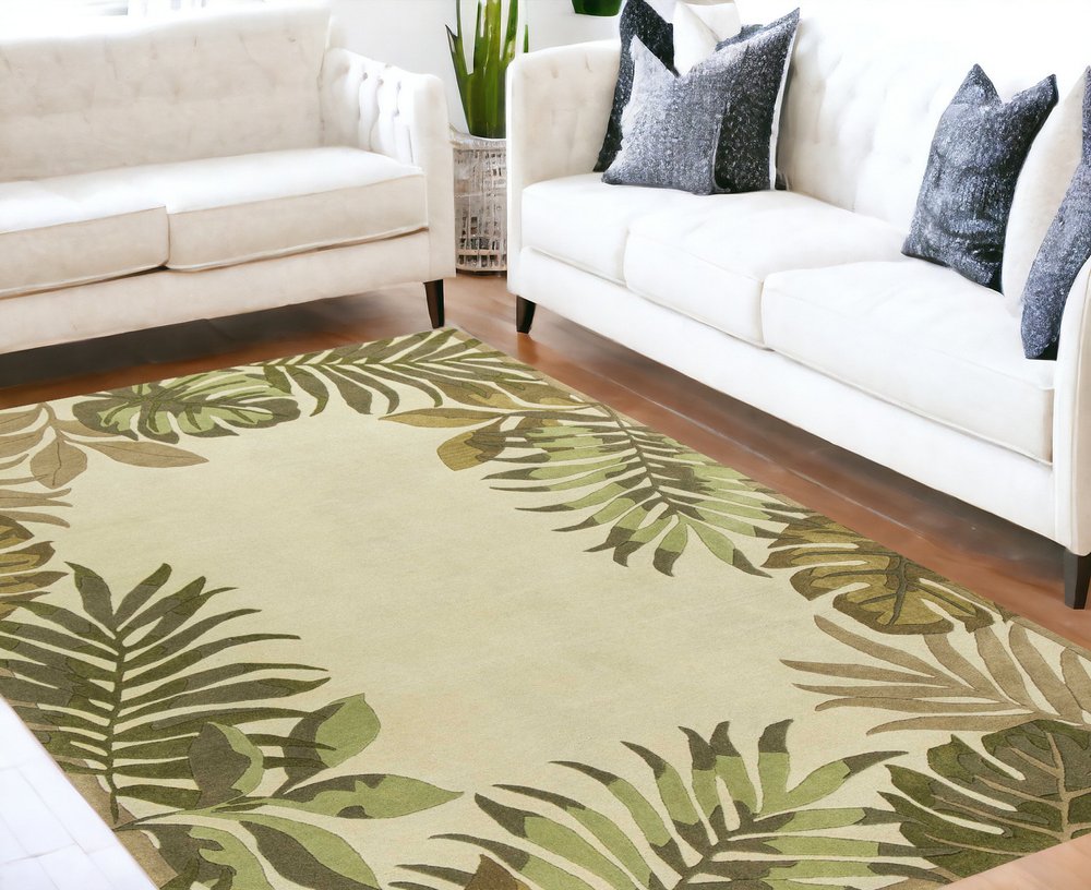 5' X 8' Ivory And Green Wool Botanical Leaves Hand Tufted Area Rug