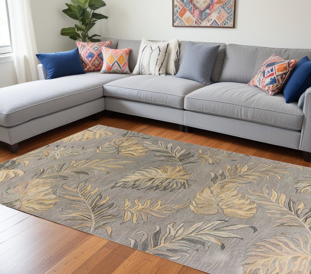 3' X 5' Gray And Taupe Wool Botanical Leaves Hand Tufted Area Rug