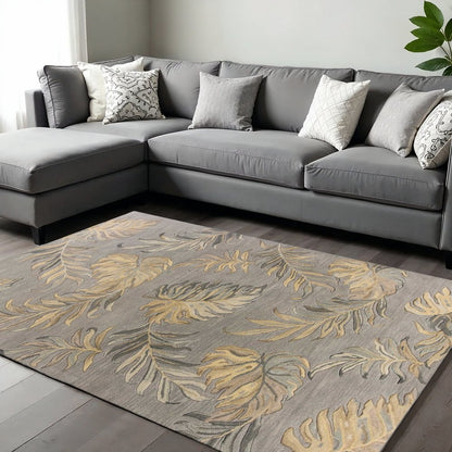 3' X 5' Gray And Taupe Wool Botanical Leaves Hand Tufted Area Rug