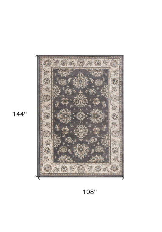 9' X 12' Grey Ivory Bordered Floral Indoor Area Rug