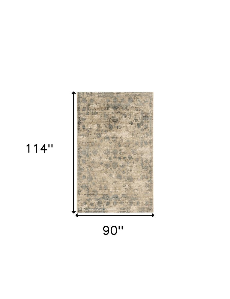 8' X 10' Beige And Blue Floral Medallion Hand Loomed Area Rug