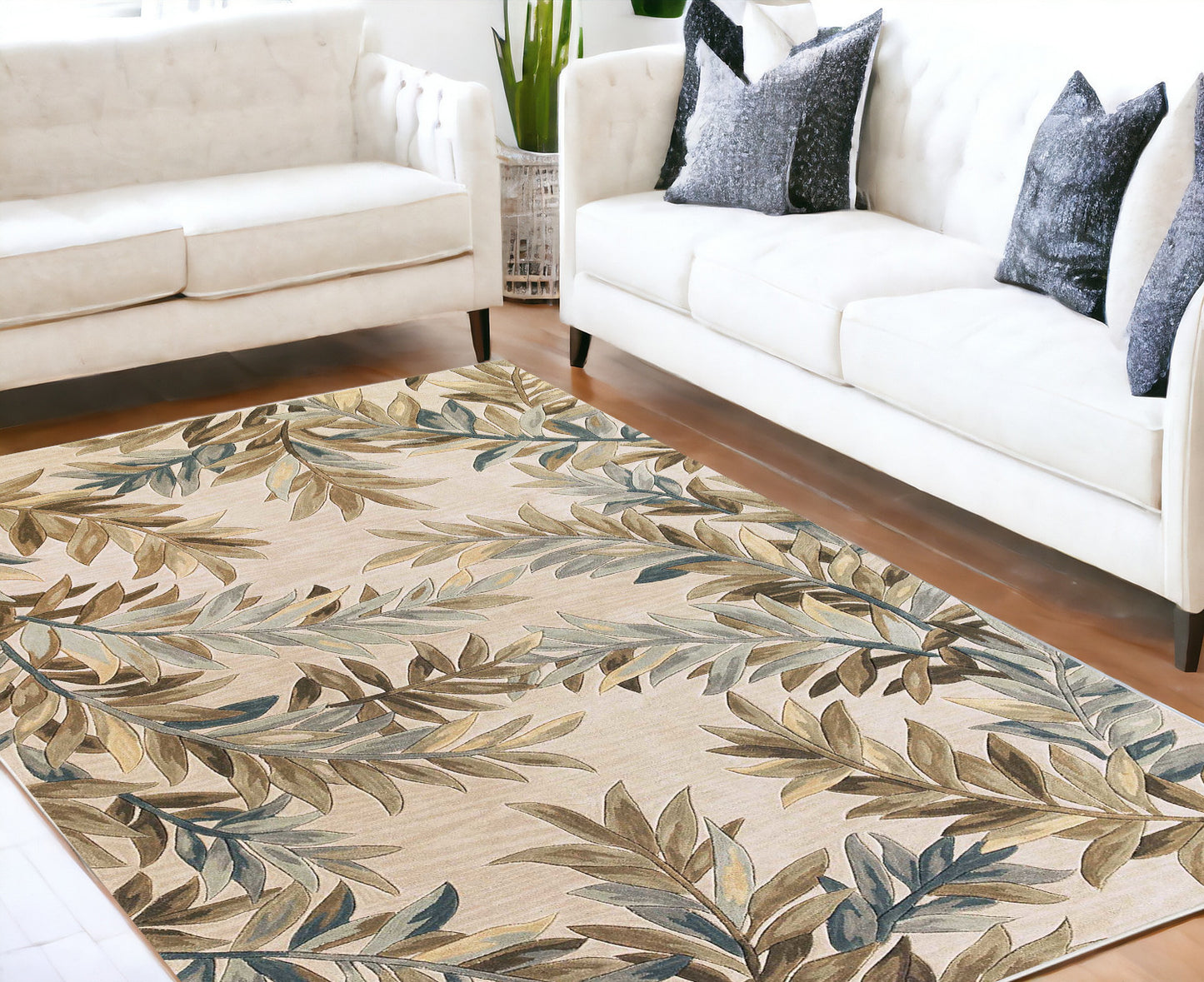 5' X 8' Ivory Hand Tufted Pinnate Fronds Indoor Area Rug