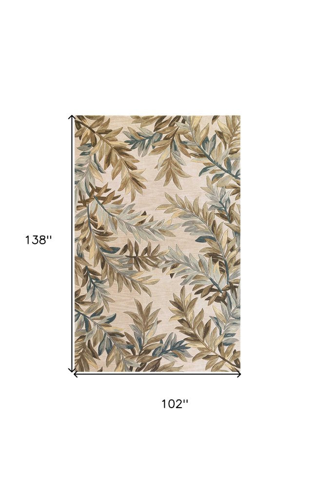 9' X 12' Ivory Brown And Blue Wool Botanical Leaves Hand Tufted Area Rug