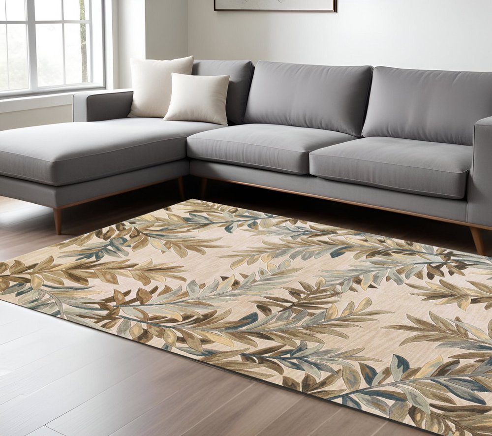 9' X 12' Ivory Brown And Blue Wool Botanical Leaves Hand Tufted Area Rug