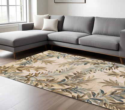 9' X 12' Ivory Brown And Blue Wool Botanical Leaves Hand Tufted Area Rug