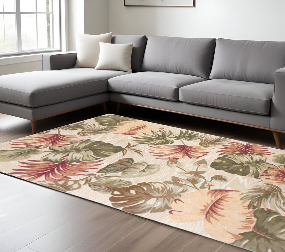 10' Beige Green And Pink Wool Botanical Leaves Hand Tufted Runner Rug
