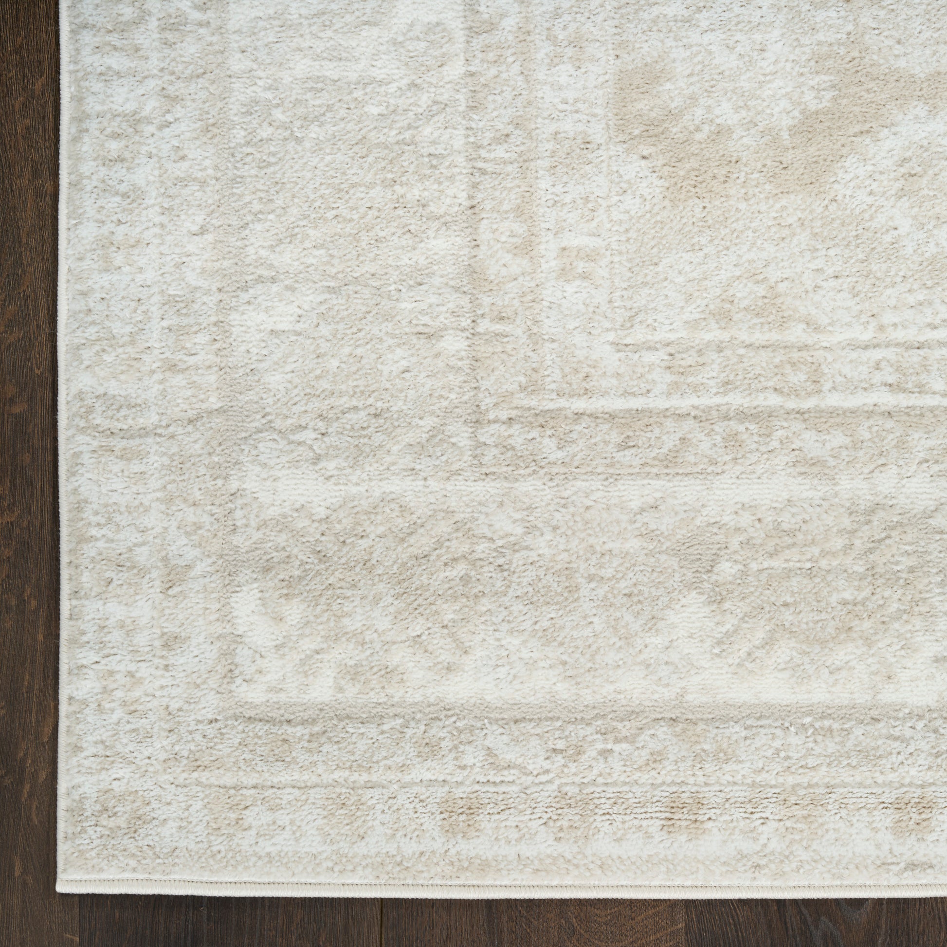 Beige rectangular area rug with plush ivory pile and subtle geometric border on dark wood floor.