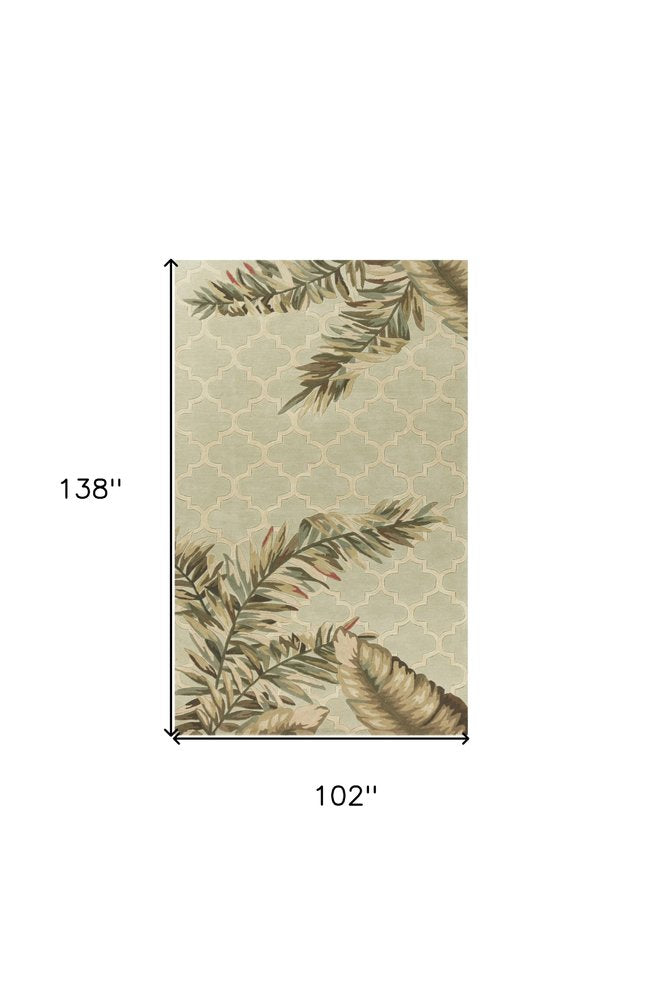 8' X 10' Sage Taupe And Green Wool Tropical Botanical Hand Tufted Area Rug