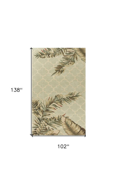 8' X 10' Sage Taupe And Green Wool Tropical Botanical Hand Tufted Area Rug